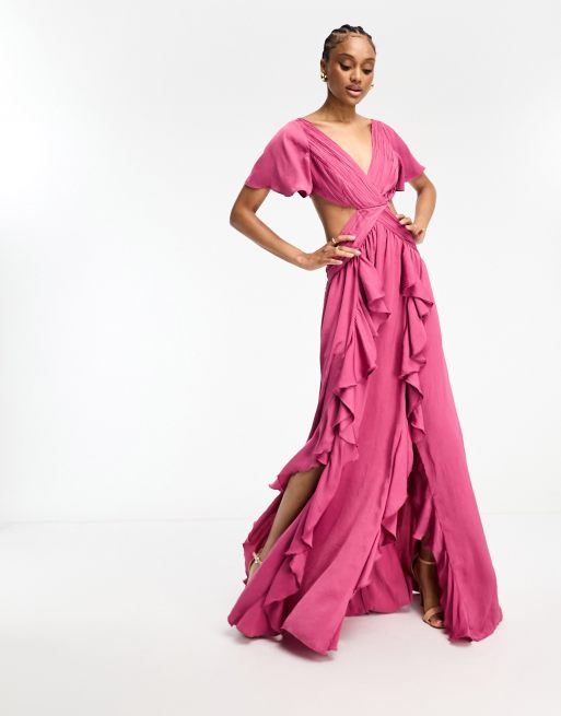 Flutter Sleeve Cutout Tie-Back Maxi Dress with Tiered Ruffle Skirt