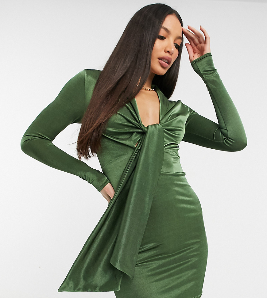 ASOS DESIGN Tall satin shirt mini dress with tie front in forest green-Multi