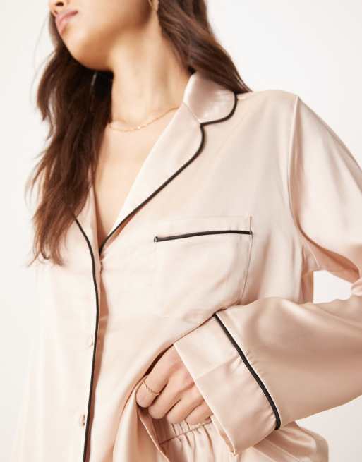 ASOS DESIGN Tall satin shirt & pants pajama set in champagne pink, 3 of 4