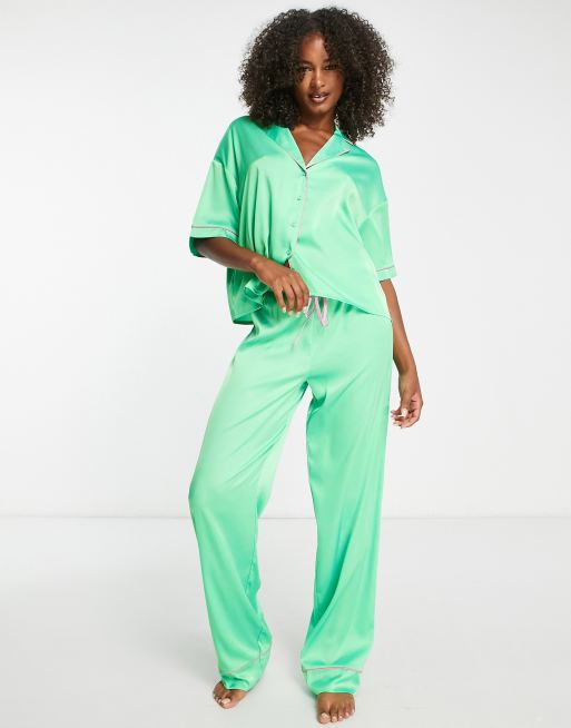 ASOS DESIGN Tall satin shirt & pants pajama set with contrast piping in  green