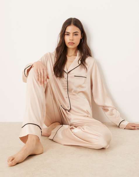 ASOS DESIGN Tall satin shirt & trouser pyjama set in champagne pink - view 1