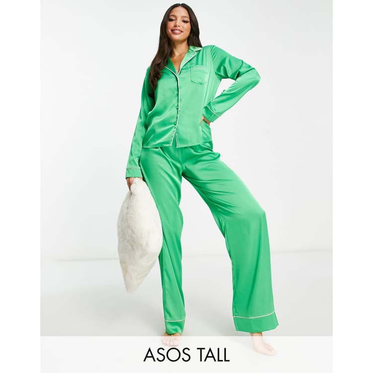 ASOS DESIGN Tall satin shirt trouser pyjama set with contrast