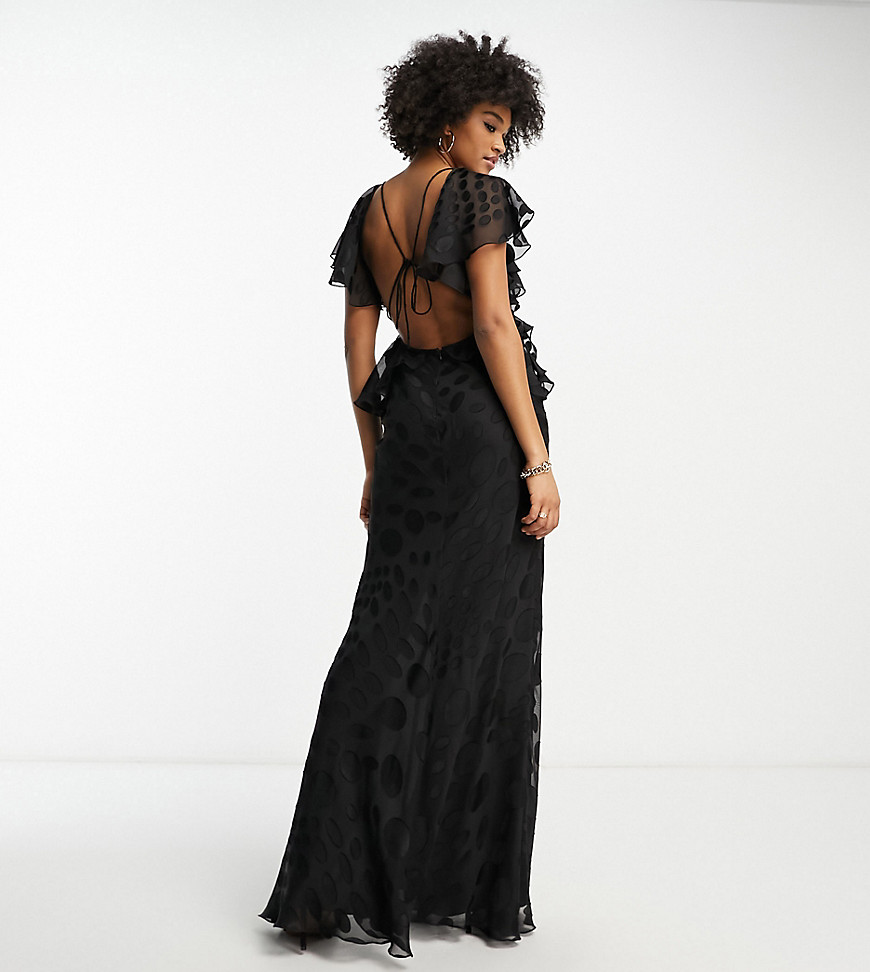 Asos Tall Asos Design Tall Satin Spot Flutter Sleeve Maxi Dress With Open Back In Black-orange