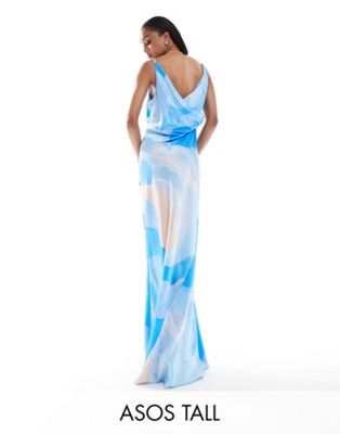Asos Tall Asos Design Tall Satin Square Neck Maxi Dress With Cowl Back Detail In Blue Abstract Print-multi