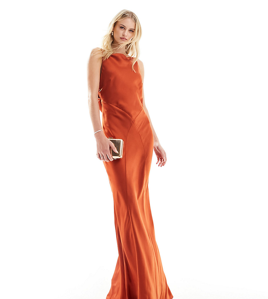 ASOS DESIGN Tall satin square neck maxi dress with cowl back detail in Rust-Multi