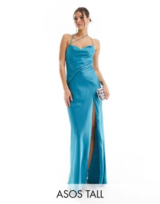 ASOS DESIGN Tall satin textured overlay maxi dress with open back detail in teal-Blue