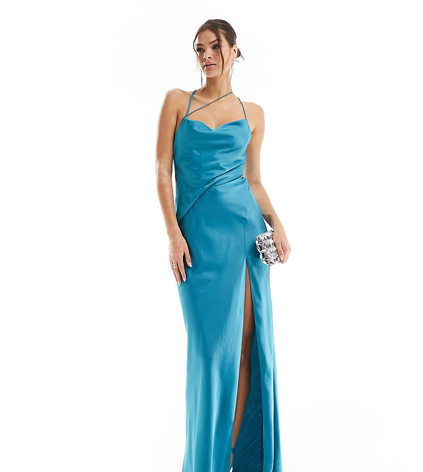 Asos Tall Asos Design Tall Satin Textured Overlay Maxi Dress With Open Back Detail In Teal-blue