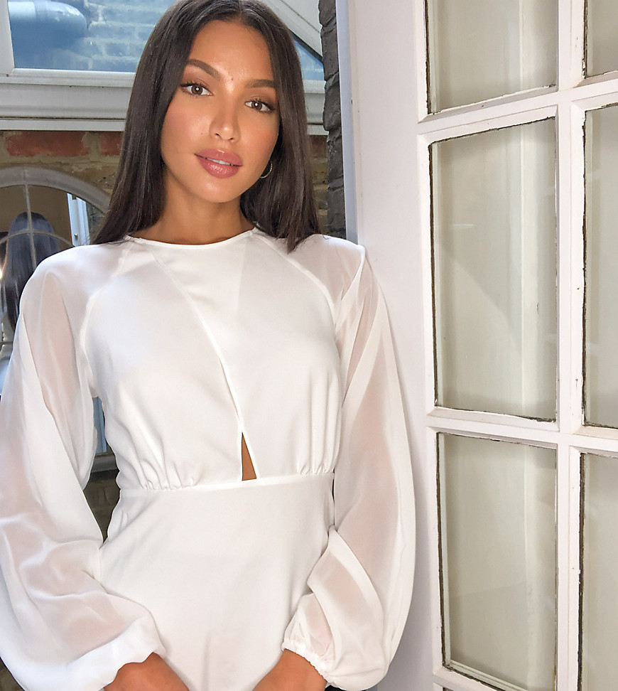 Asos Design Tall Satin Top With Cut Out Sheer Sleeves In Ivory-white