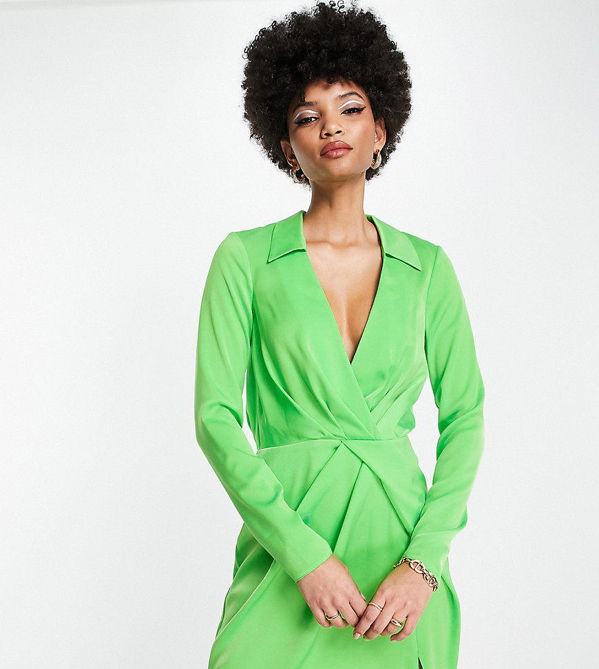 Asos Tall Asos Design Tall Satin Twist Mini Dress With Collar In Green