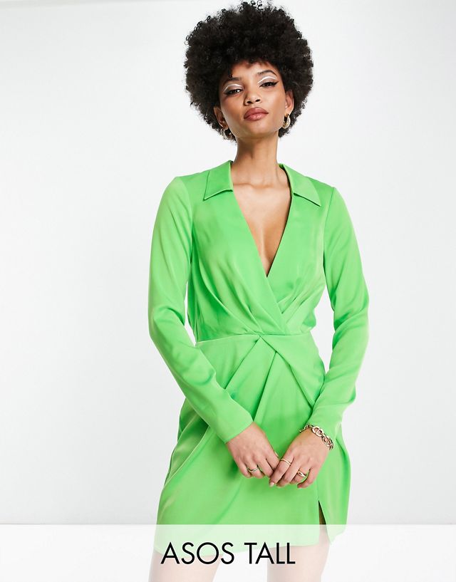 ASOS DESIGN Tall satin twist mini dress with collar in green