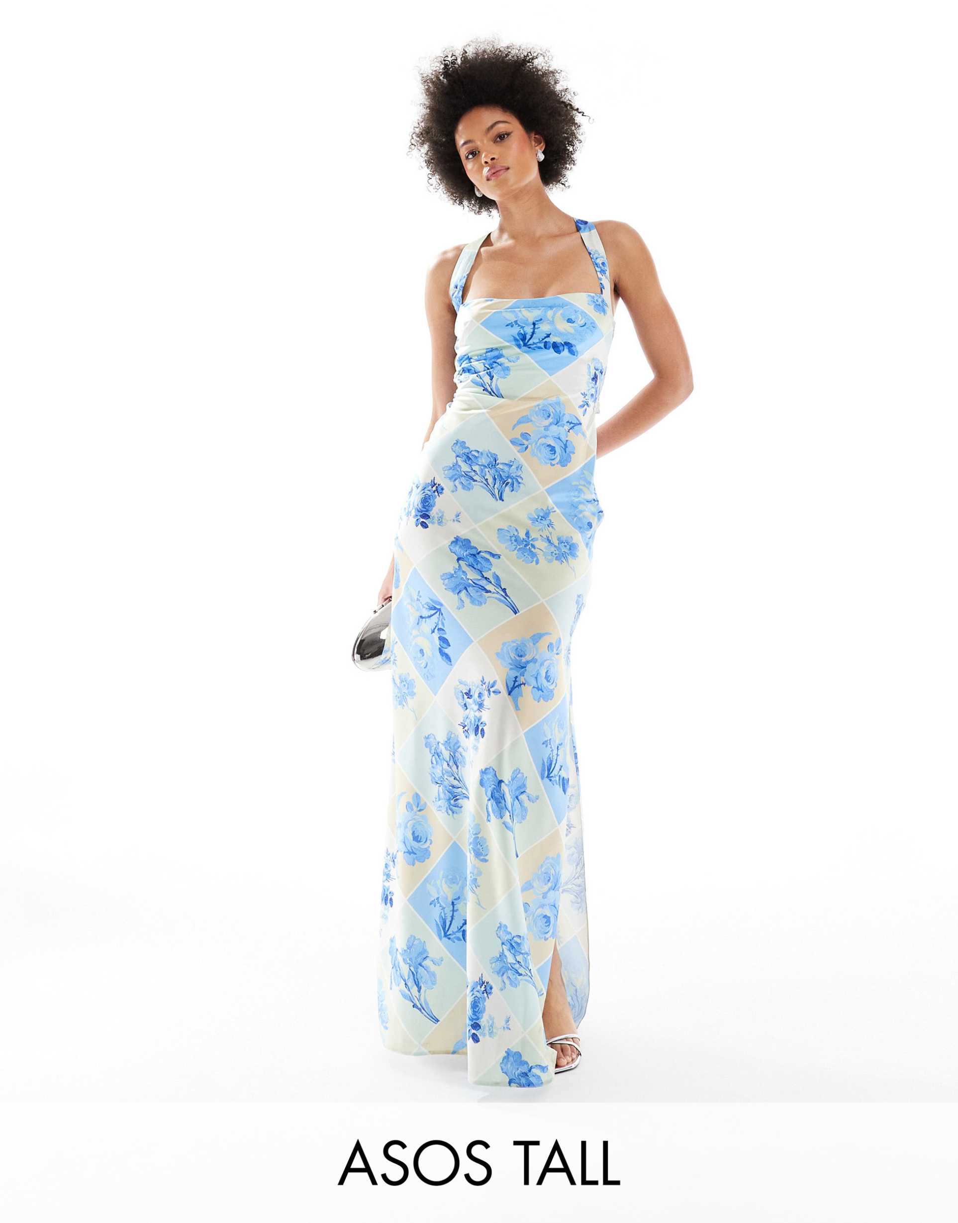 asos design tall satin wide neck cross back strap maxi dress in blue postcard print