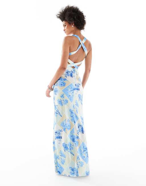 ASOS DESIGN Tall satin wide neck cross back strap maxi dress in blue postcard print, 2 of 4