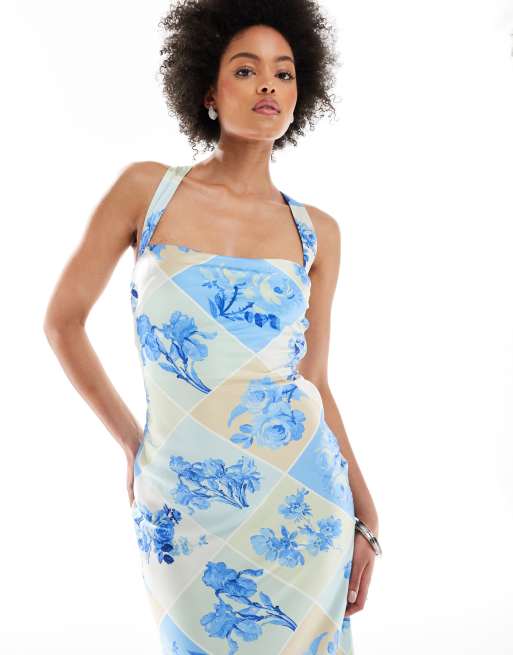 ASOS DESIGN Tall satin wide neck cross back strap maxi dress in blue postcard print, 3 of 4
