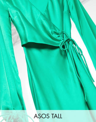 green satin wrap midi dress