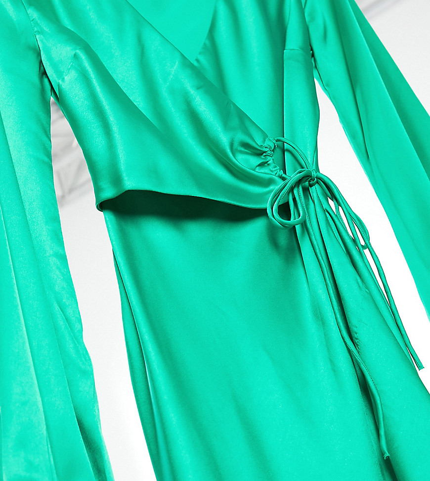 ASOS DESIGN Tall satin wrap front midi dress in emerald green