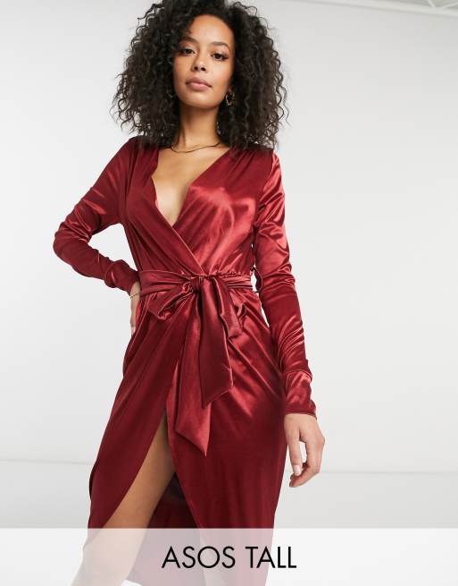 ASOS DESIGN Tall satin wrap midi dress with belt detail in oxblood | ASOS