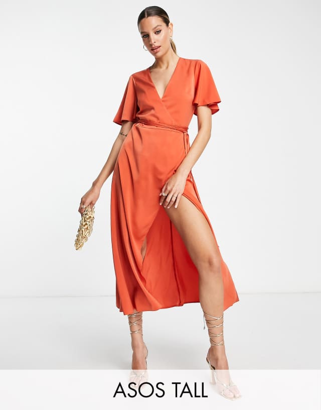 ASOS DESIGN Tall satin wrap midi dress with flutter sleeve and tie detail in rust