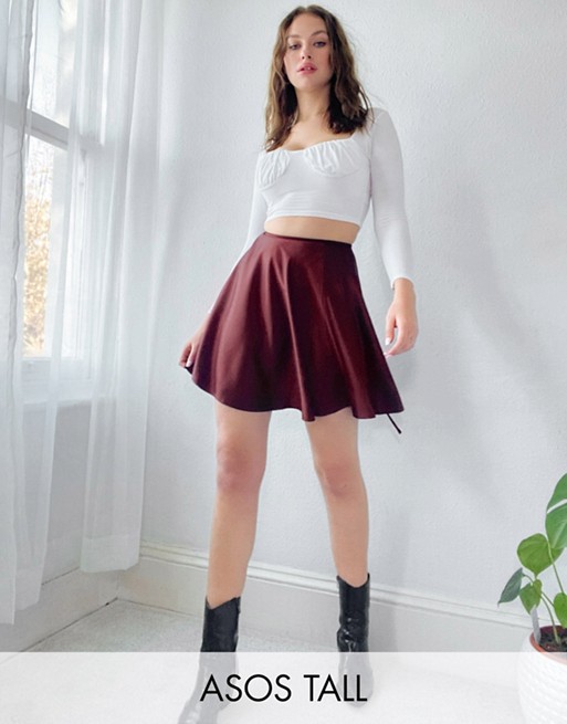 ASOS DESIGN Tall satin wrap mini skirt in oxblood