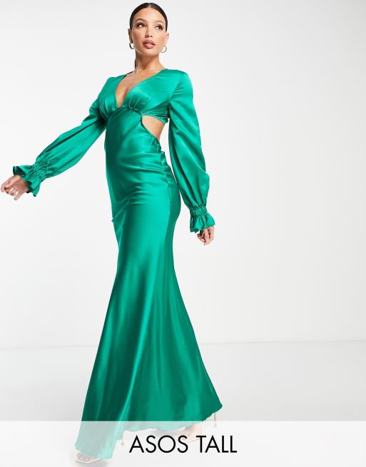 ASOS DESIGN Tall – Satynowa sukienka maxi ze skosu z obszernymi rękawami z obcisłym mankietem