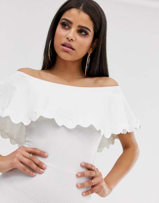 Asos design bandeau midi best sale dress with ruffle pep hem