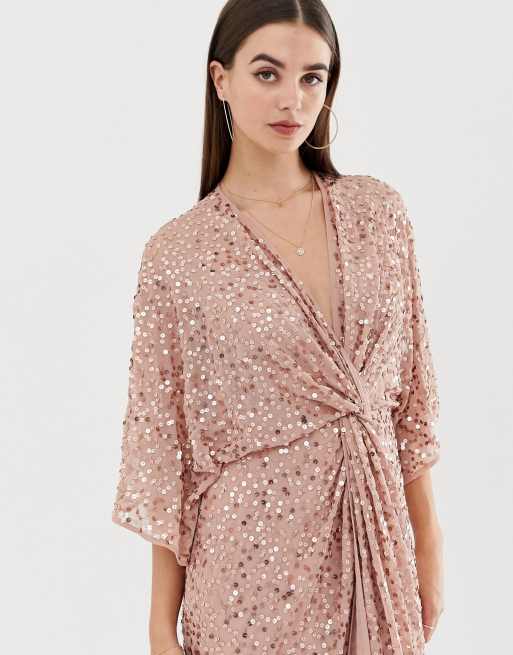 ASOS DESIGN Tall scatter sequin knot front kimono maxi dress | ASOS