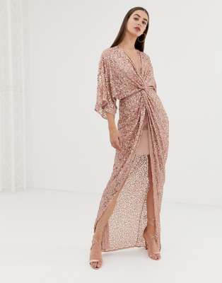 asos design tall scatter sequin knot front kimono maxi dress