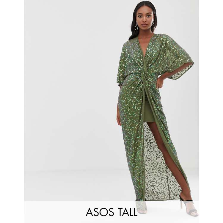 ASOS DESIGN Tall scatter sequin knot front kimono maxi dress | ASOS