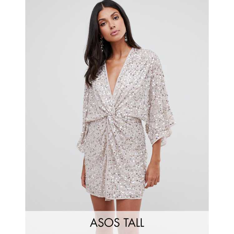 Asos design tall scatter sequin 2024 knot front kimono maxi dress