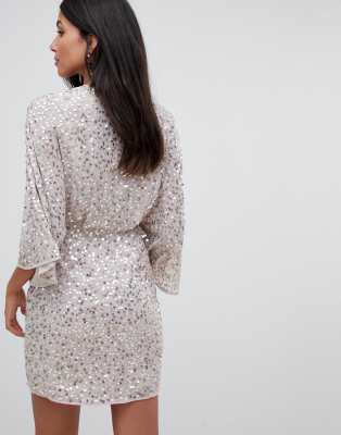 asos design scatter sequin knot front kimono mini dress