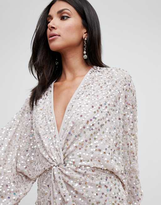 Asos design scatter sequin knot outlet front kimono maxi dress