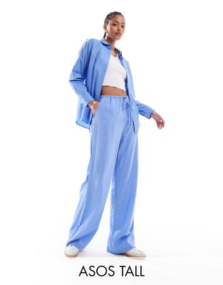 ASOS DESIGN Tall - Schlupfhose in Blau mit weitem Schnitt und Leinenanteil