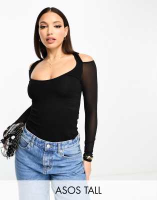 ASOS DESIGN Tall - Schulterfreier Body in Schwarz mit Netzstoff-Ärmeln