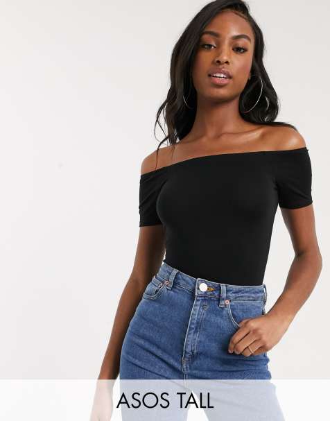 ASOS DESIGN Tall – Schulterfreier, kurzärmliger Bodysuit in Schwarz