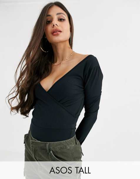 ASOS DESIGN Tall – Schwarzer Bodysuit mit tiefem Ausschnitt und Wickeldesign