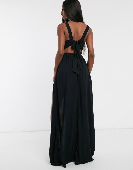 ASOS DESIGN TALL – Schwarzes Strand-Maxikleid mit Schnürung hinten und Twist-Design vorn, 2 von 4