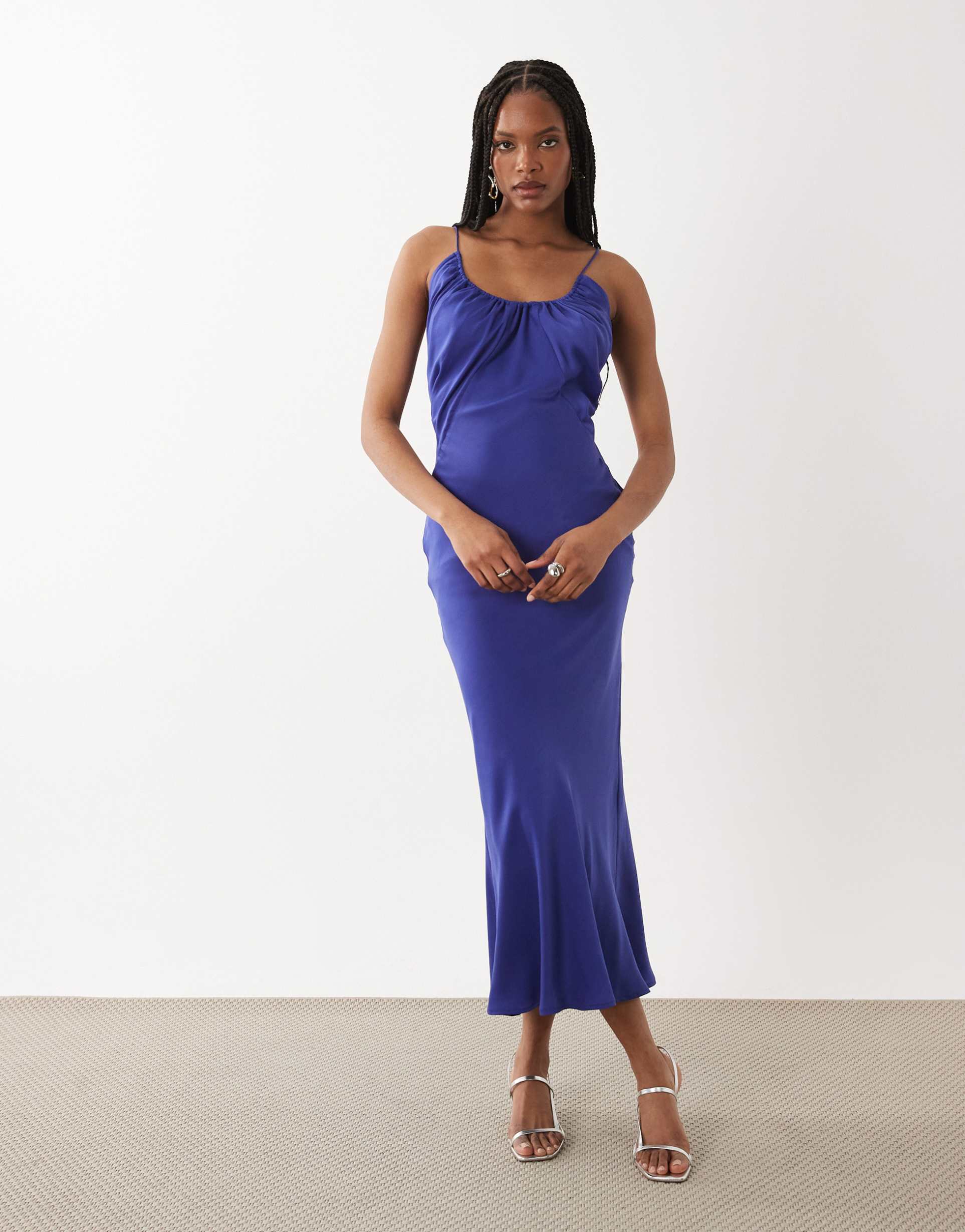 asos design tall scoop neck bias cut midaxi dress in indigo