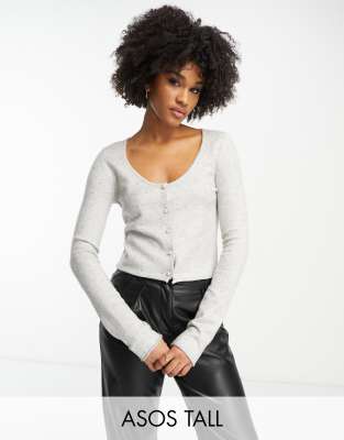 Asos Tall Asos Design Tall Scoop Neck Cardigan With Hot Fix Embellishment In Gray