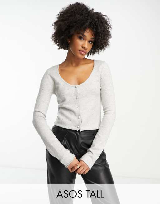 ASOS DESIGN Tall scoop neck cardigan with hot fix embellishment in gray