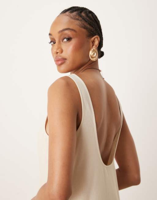 ASOS DESIGN Tall scoop neck cotton linen midi dress in oatmeal, 2 of 4