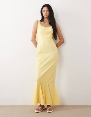 ASOS DESIGN Tall scoop neck fishtail godet maxi dress in buttermilk yellow-Multi