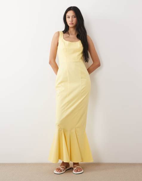 ASOS DESIGN Tall scoop neck fishtail godet maxi dress in buttermilk yellow - view 1
