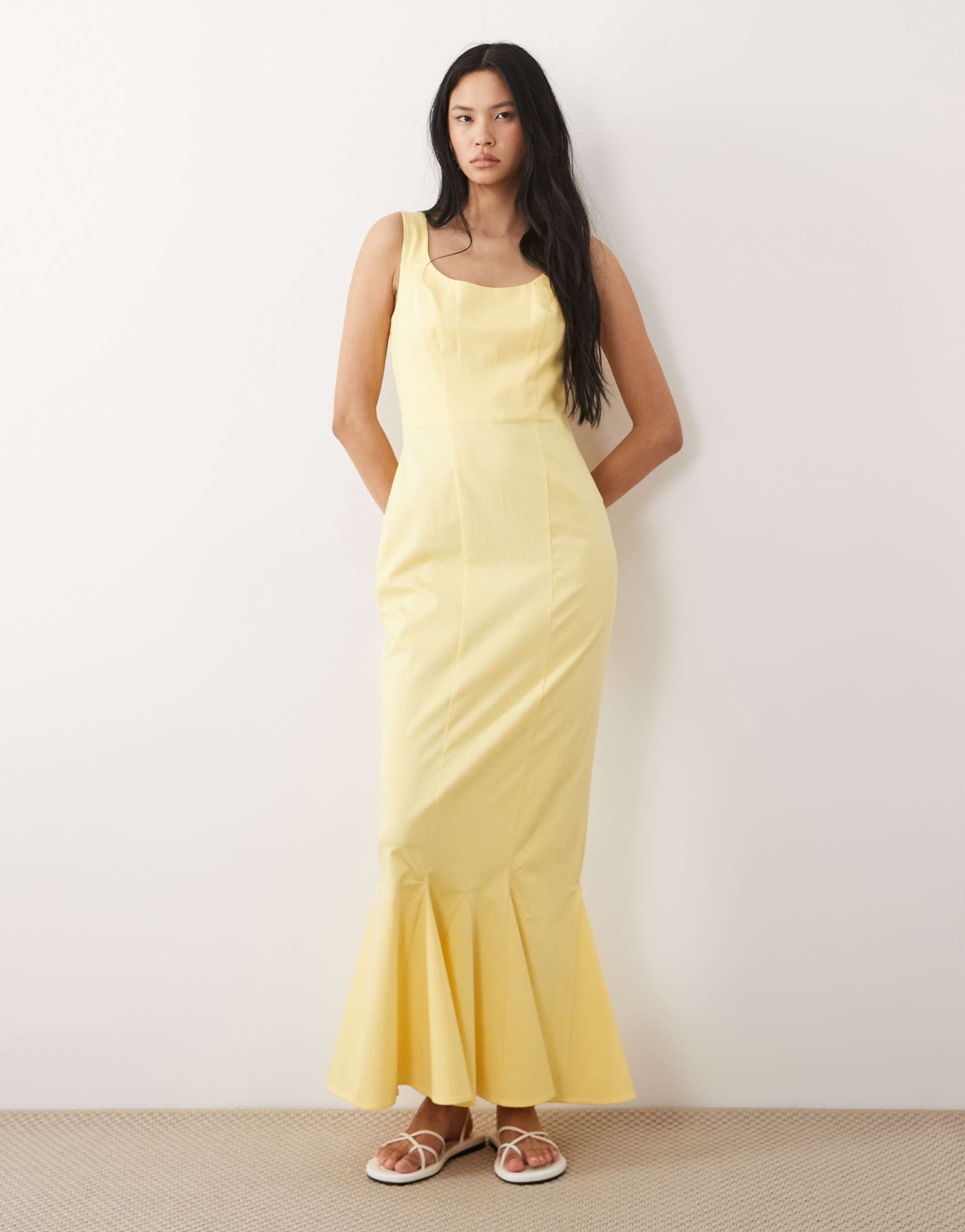 asos design tall scoop neck fishtail godet midi dress in buttermilk yellow