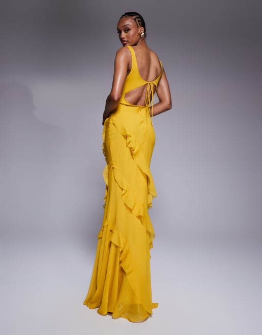 ASOS DESIGN Tall scoop neck maxi dress with ruffle skirt and cut out back in mustard