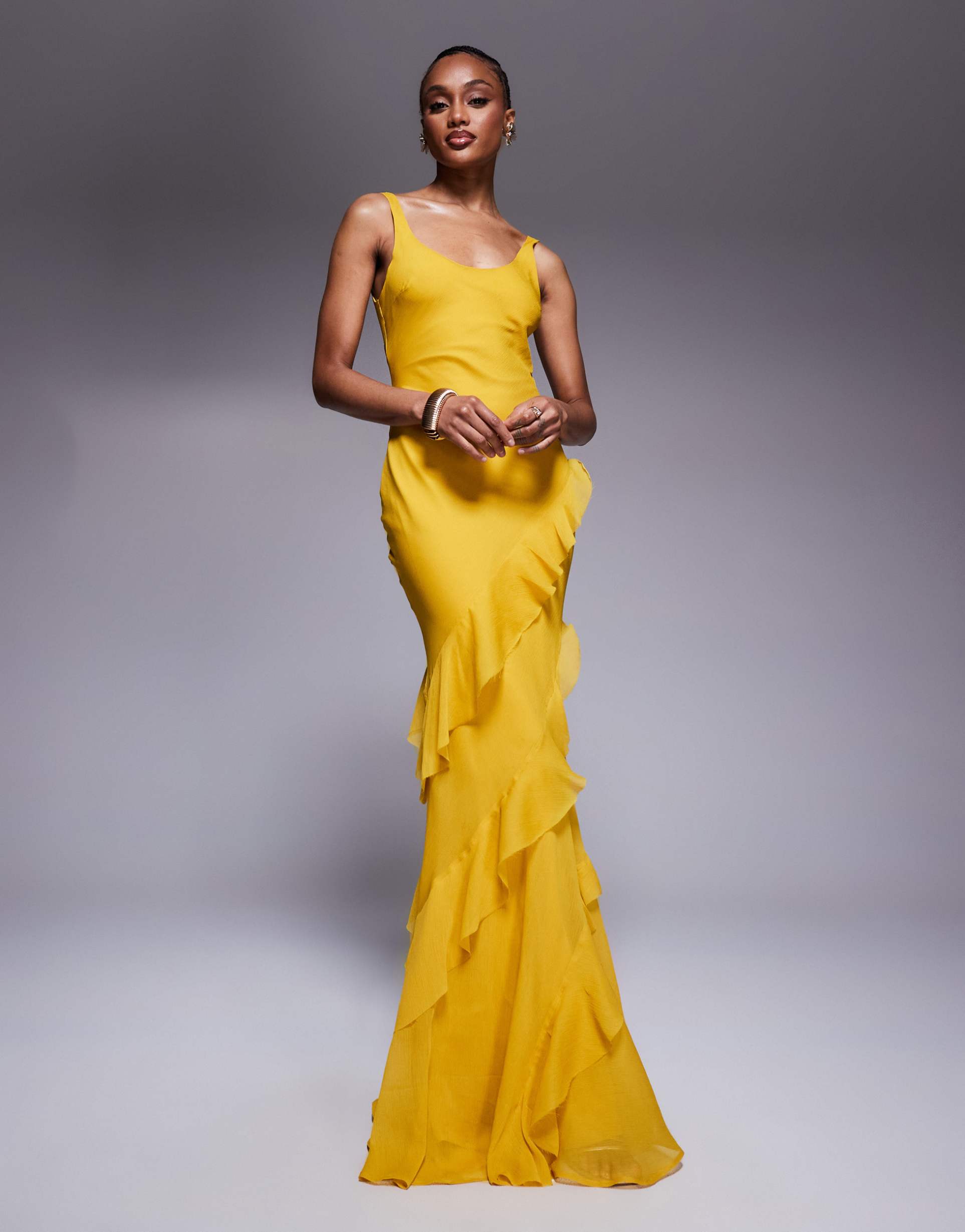 asos design tall scoop neck maxi dress with ruffle skirt and cut out back in mustard