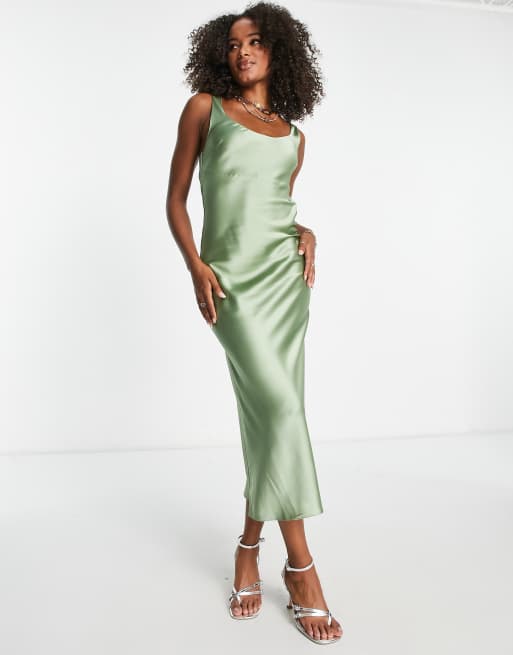 ASOS DESIGN Tall scoop neck midi satin slip dress in khaki ASOS