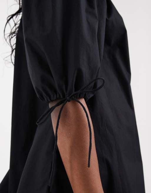 ASOS DESIGN Tall scoop neck poplin mini dress with tie sleeves in black, 3 of 4
