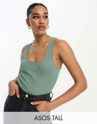 Asos Tall Asos Design Tall Scoop Neck Ribbed Bodysuit In Khaki-green