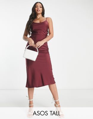 Asos Tall Asos Design Tall Scoop Neck Satin Midi Slip Dress With Tie Waist Detail In Berry-red