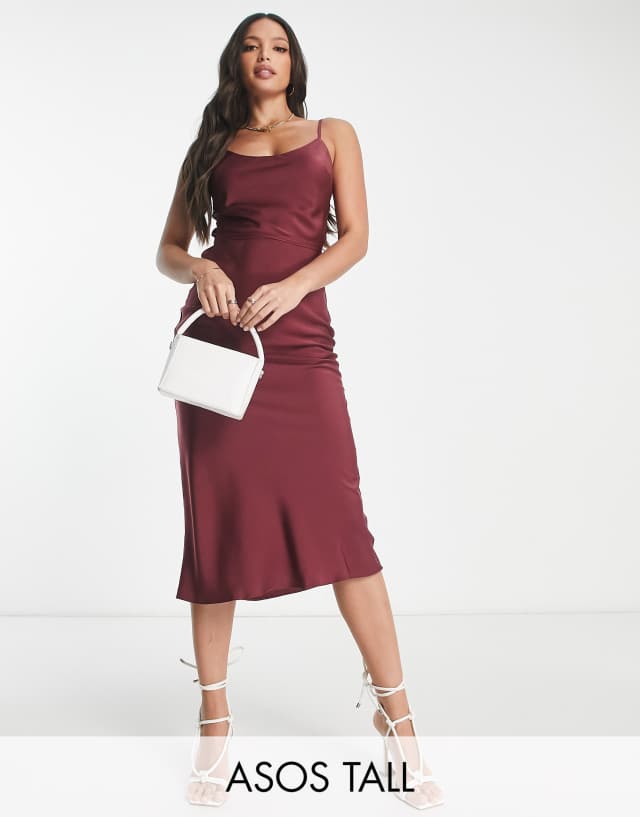 ASOS DESIGN Tall scoop neck satin midi slip dress with tie waist detail in berry