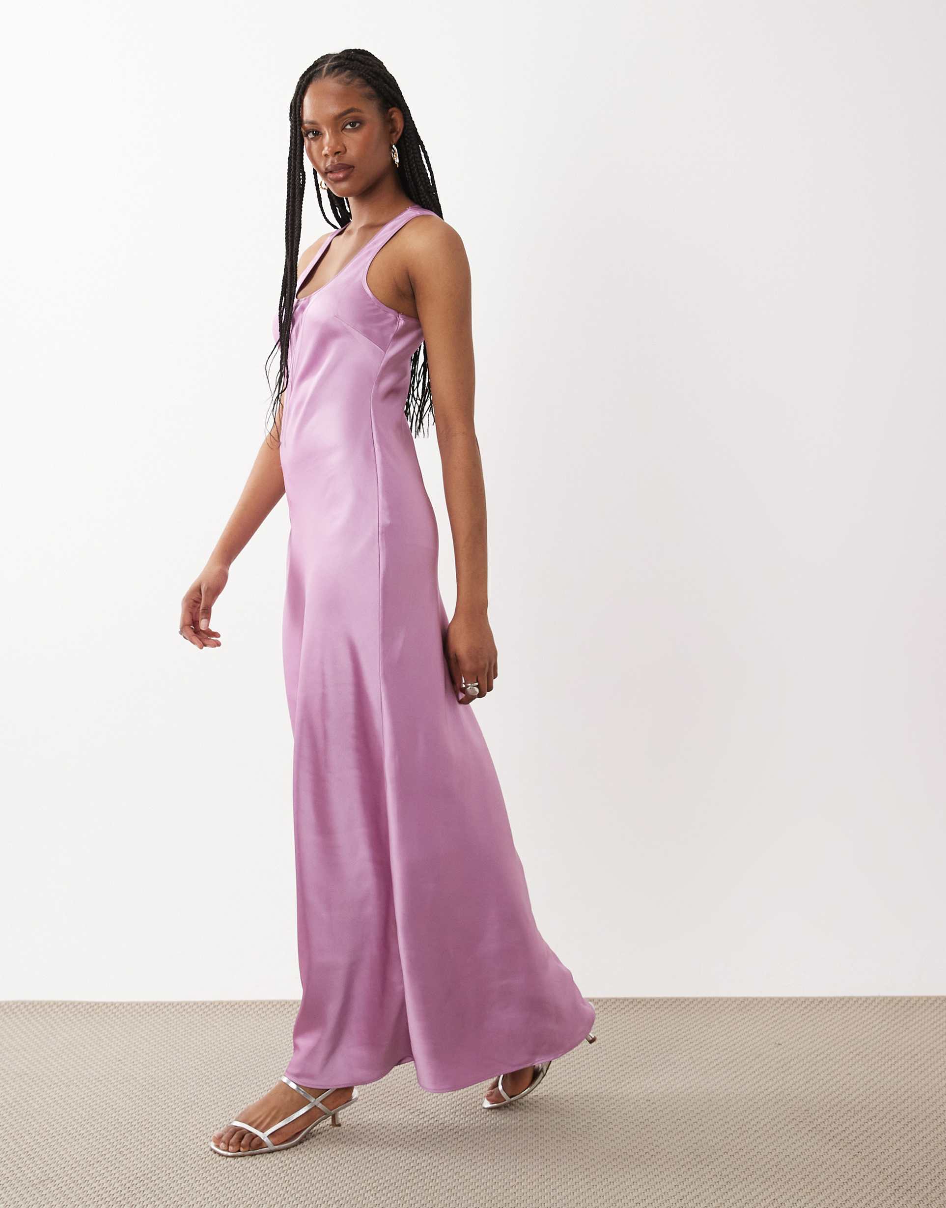 asos design tall scoop satin maxi dress in lilac